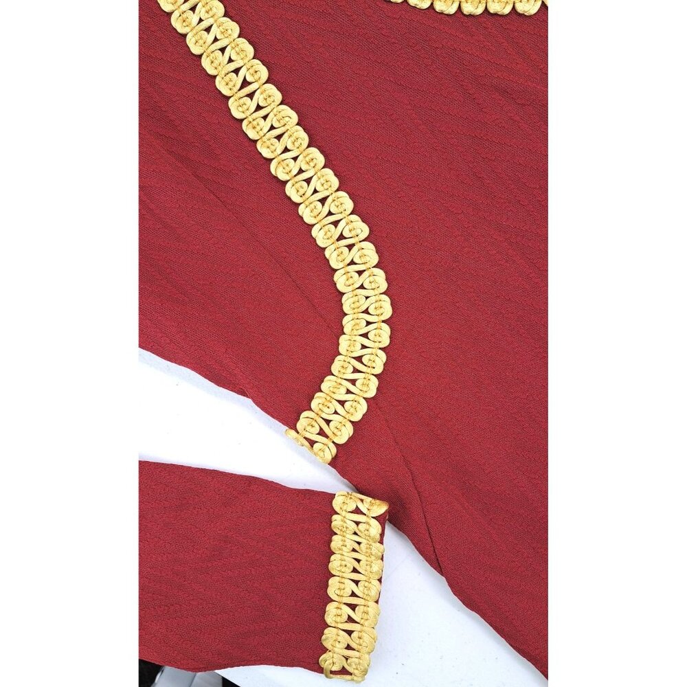 Vintage Handmade Maroon Dress Gold Gimp Trim Long Sleeve Chevron Texture Zip 70s - Picture 6 of 16
